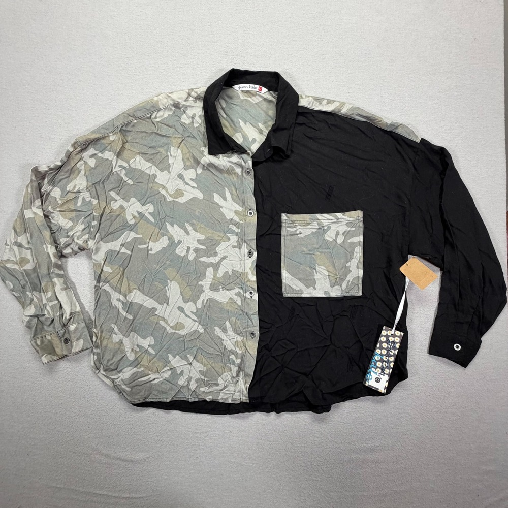 Given Kale Women Button Down NWT Relaxed Black Camo Colorblock Long Sleeve XL